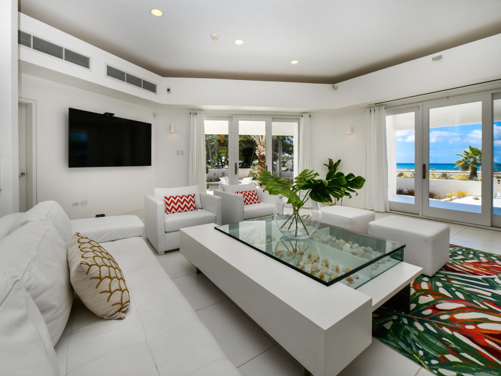 Living room with white couch