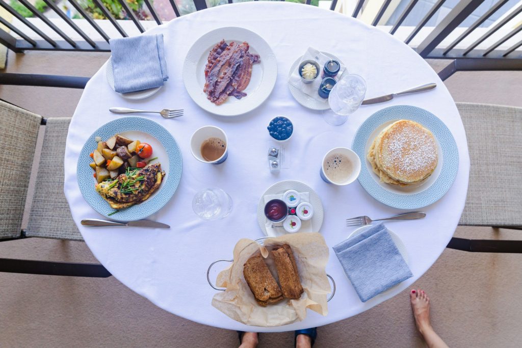 Breakfast foods on a round table